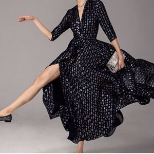 Maison Scotch Silk Elegant Black and Silver Patterned Wrap Dress
